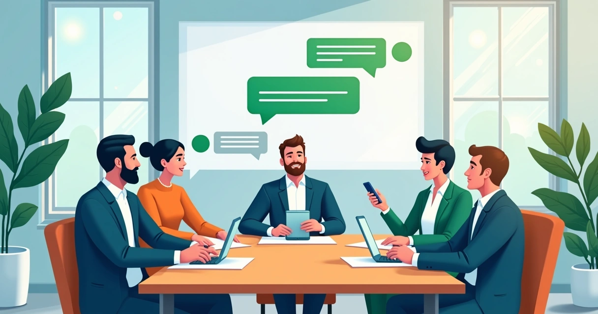 Equipe de marketing testando chatbot em celulares 