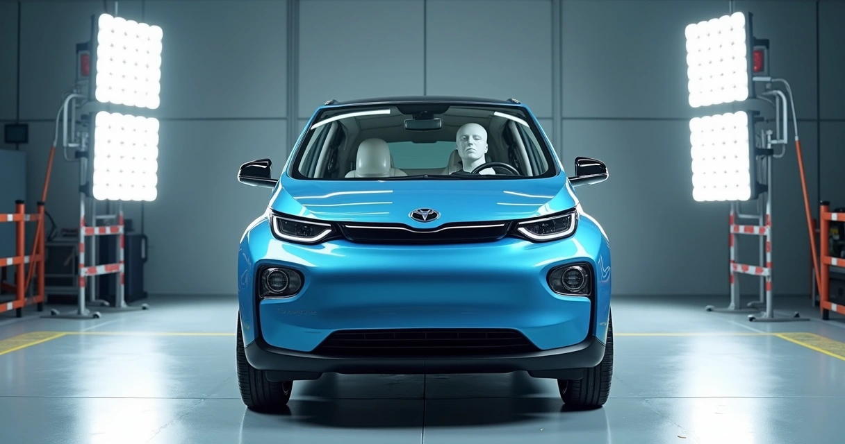 Carro azul em teste de colisão frontal em laboratório