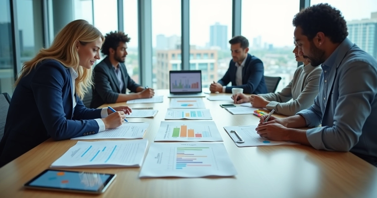 Reunião B2B em mesa comprida avaliando três propostas de serviço impressas 