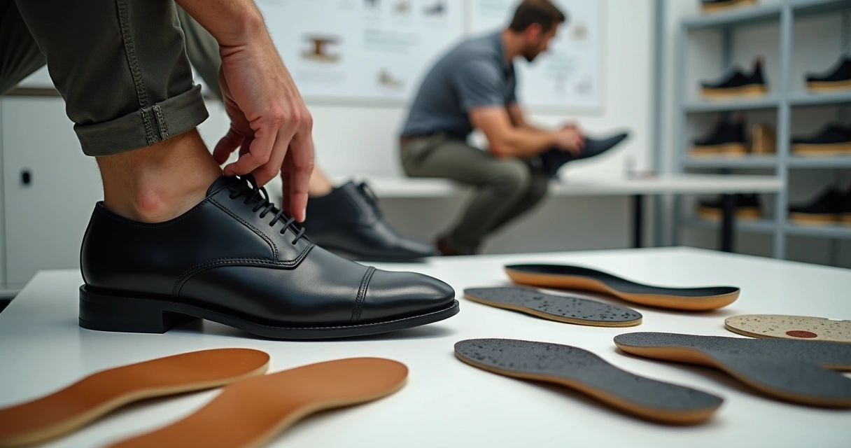 Homem sentado em laboratório de testes flexionando sapato masculino de couro preto 