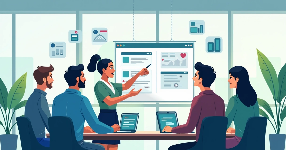 Grupo diversificado testando software em uma sala de escritório iluminada, com interações e anotações.