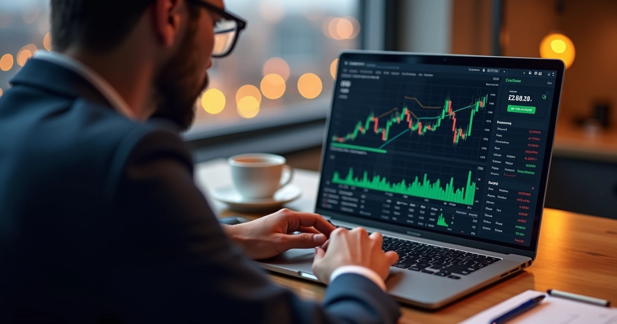 Pessoa analisando relatório de bot de trading em notebook