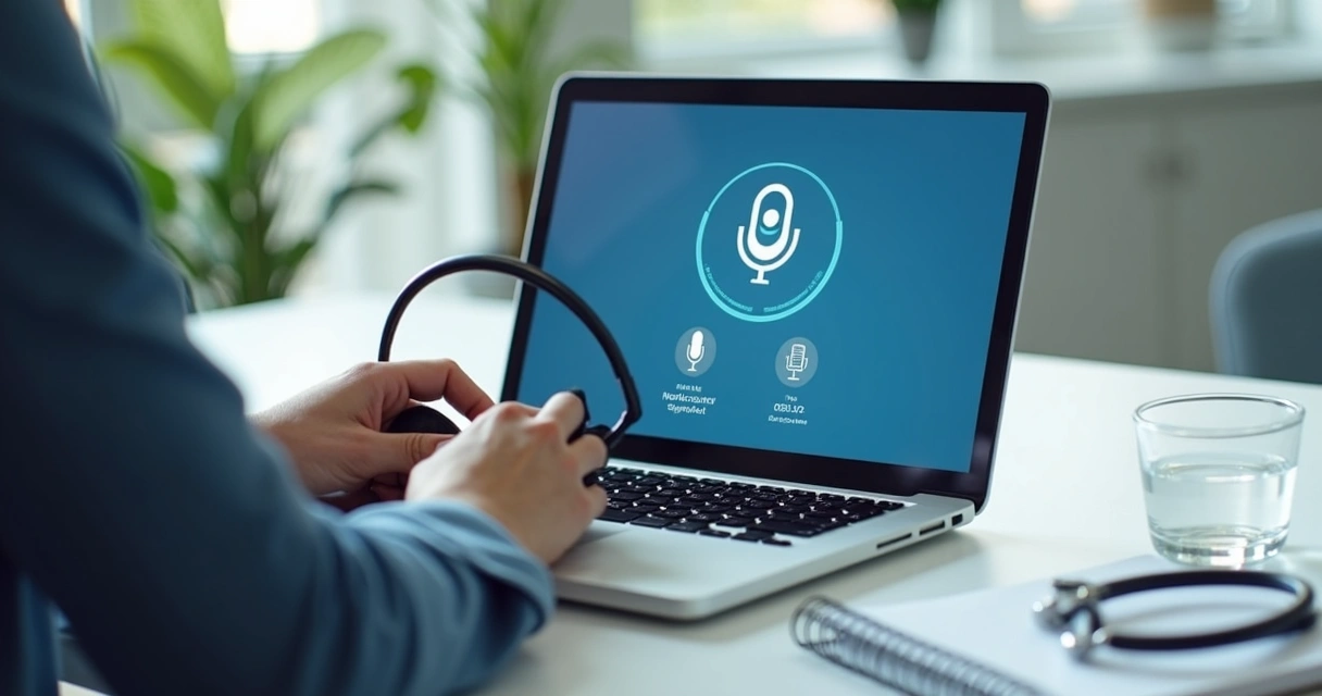 Tela de notebook com teste de conexão para teleconsulta 