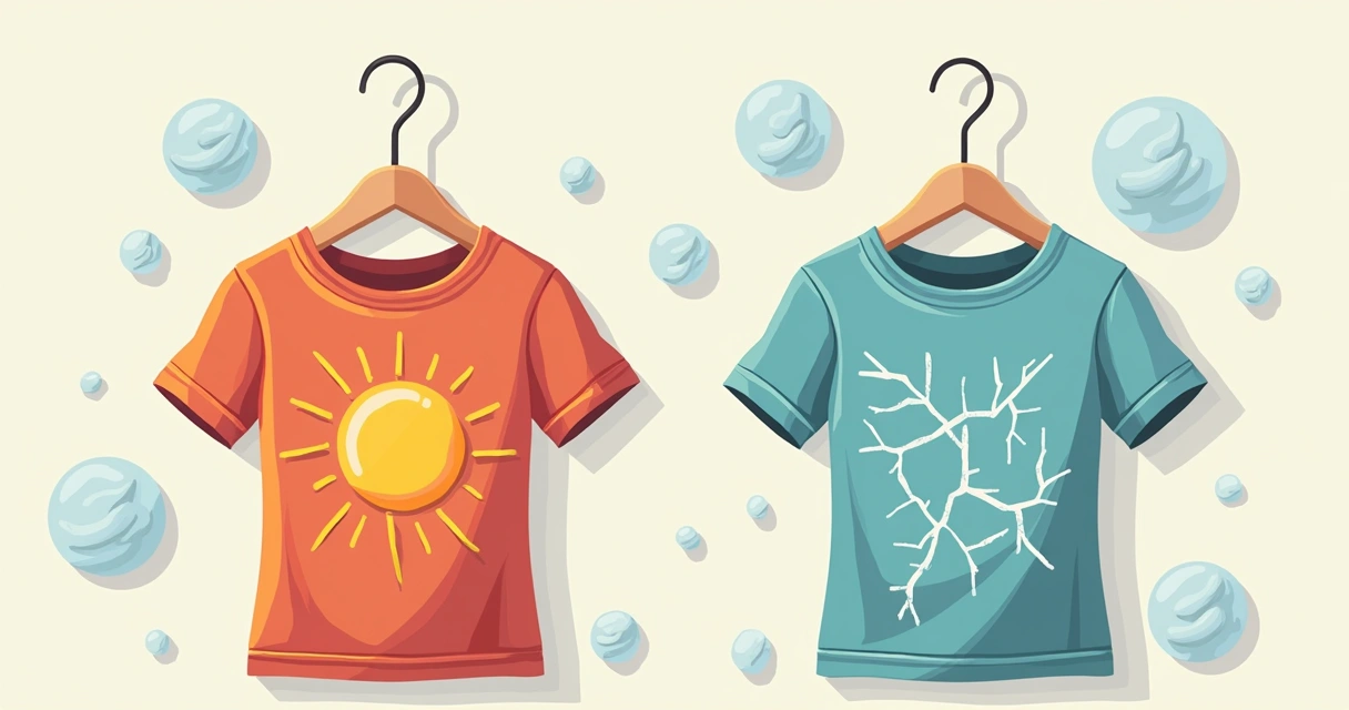 Duas camisetas lado a lado, uma nova e outra desbotada depois da lavagem 