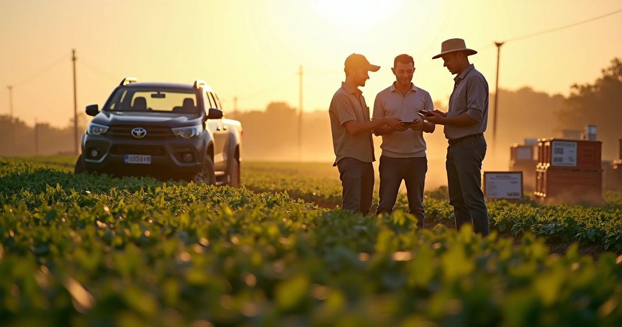 Equipe usando tablet em área agrícola para validar processo digital 