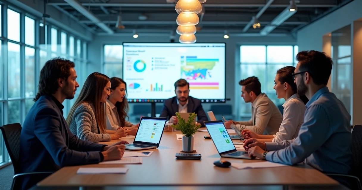 Escritório moderno com equipe analisando estratégias de campanha de marketing digital visualizando gráficos em telas grandes 