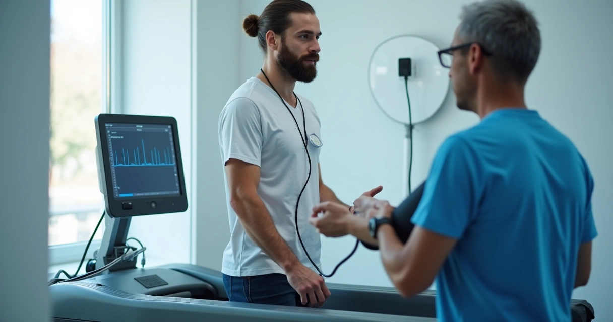 Pessoa em teste de esteira com monitor cardíaco 