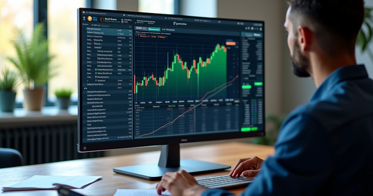 Analista usando simulador de estratégias de bitcoin em tela grande 