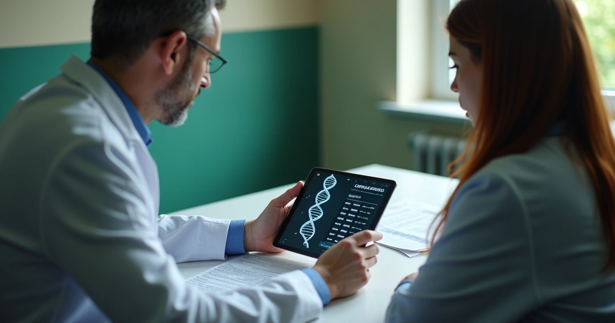 Teste genético sobre canabinoides sendo consultado por paciente e médico 