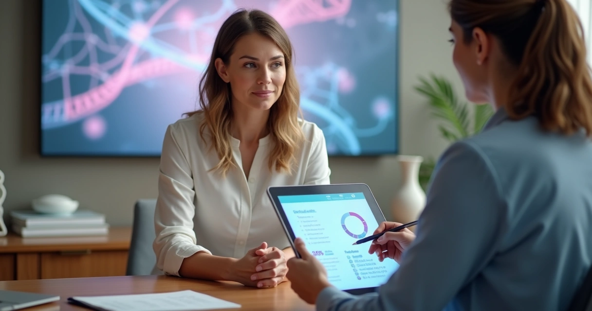 Mulher observando laudo de teste genético de câncer de mama ao lado de oncologista 