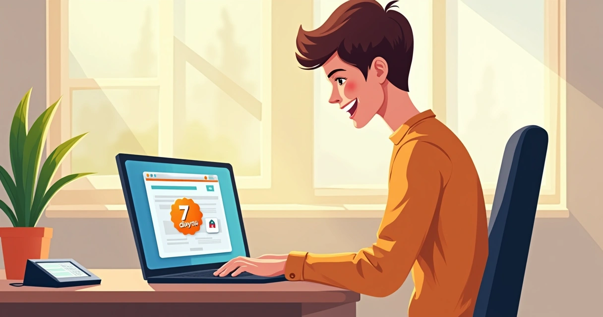 Usuário testando plataforma de criação de sites no notebook com selo de 7 dias grátis 