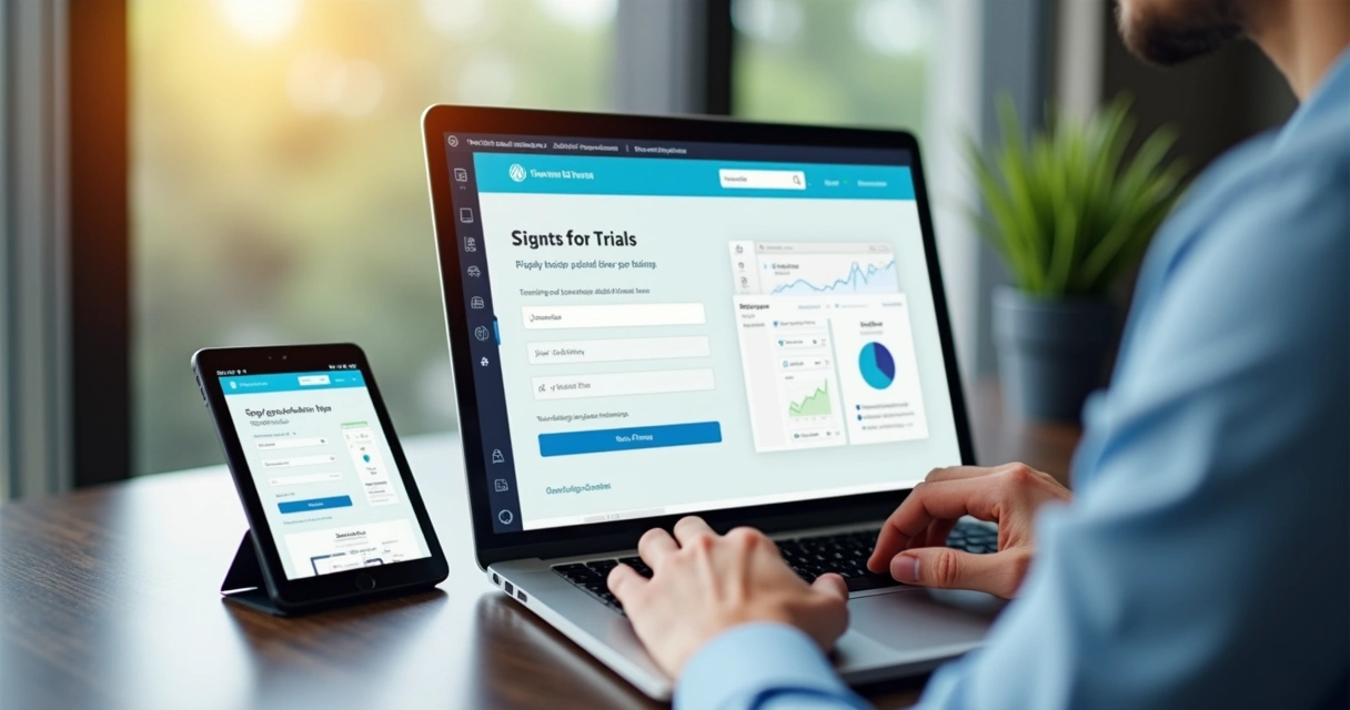 Usuário testando software SaaS B2B em notebook, área de cadastro visível na tela 