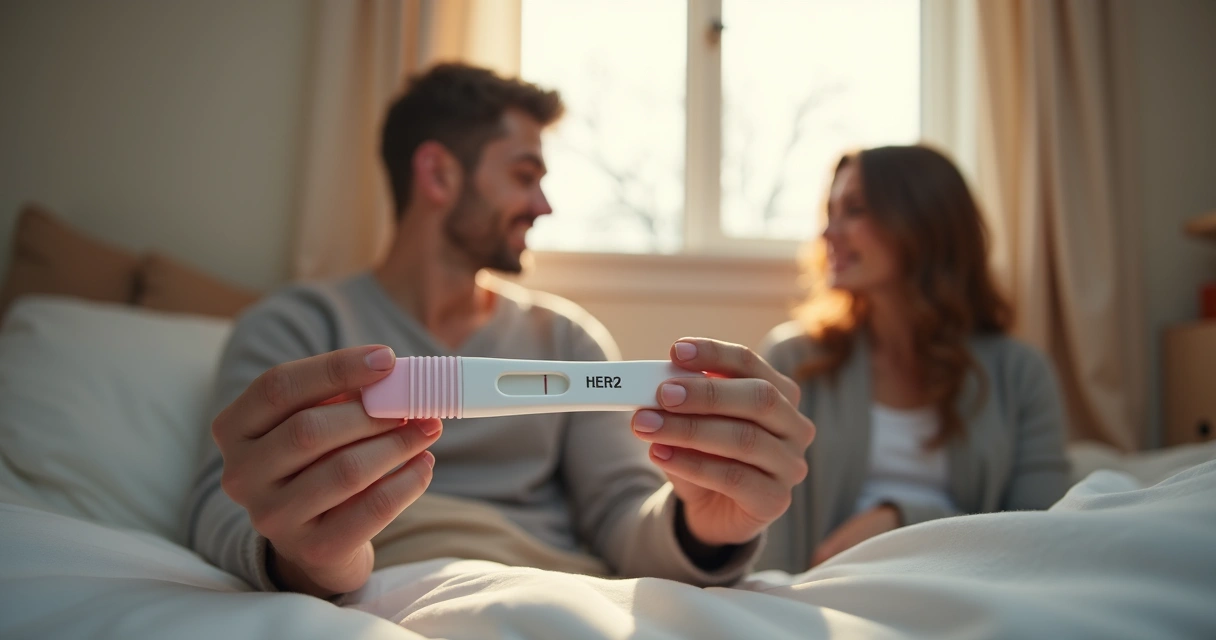 Casal olhando teste de gravidez com emoção 