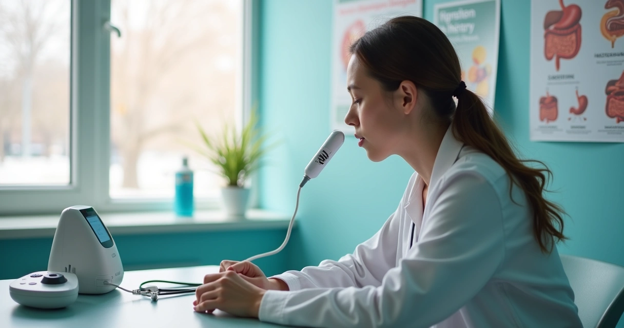 Paciente realizando teste do hidrogênio expirado em clínica, com equipamento sobre a mesa 