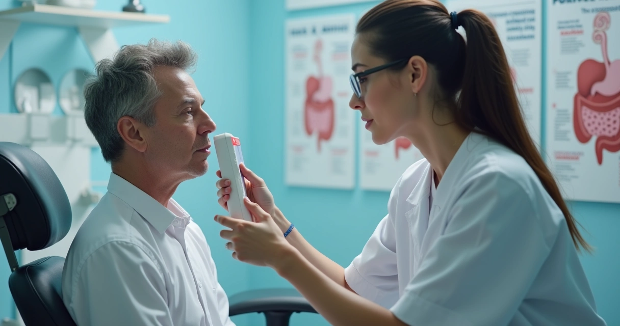 Paciente soprando em aparelho de teste do hidrogênio expirado 