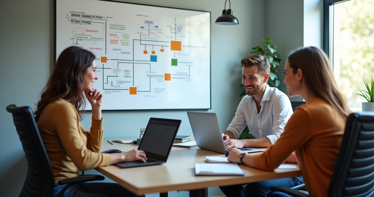 Funcionários de PME testando nova ferramenta digital juntos 