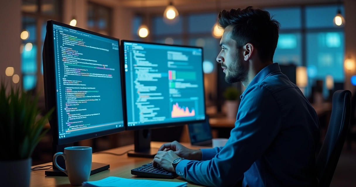 Técnico de TI monitorando duas telas com gráficos e status de conexão 