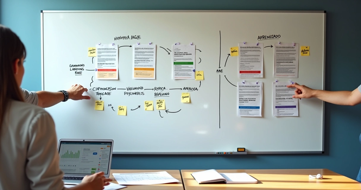 Quadro branco com fluxos de teste iterativo e versões de landing page coladas com anotações de melhorias 