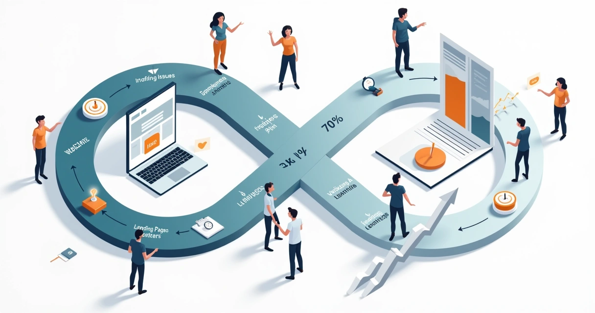 Fluxo contínuo de teste iterativo em landing page com ciclo em formato de loop e gráficos de conversão 