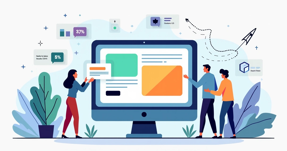 Equipe ajustando blocos de uma landing page com setas mostrando aumento de conversões 