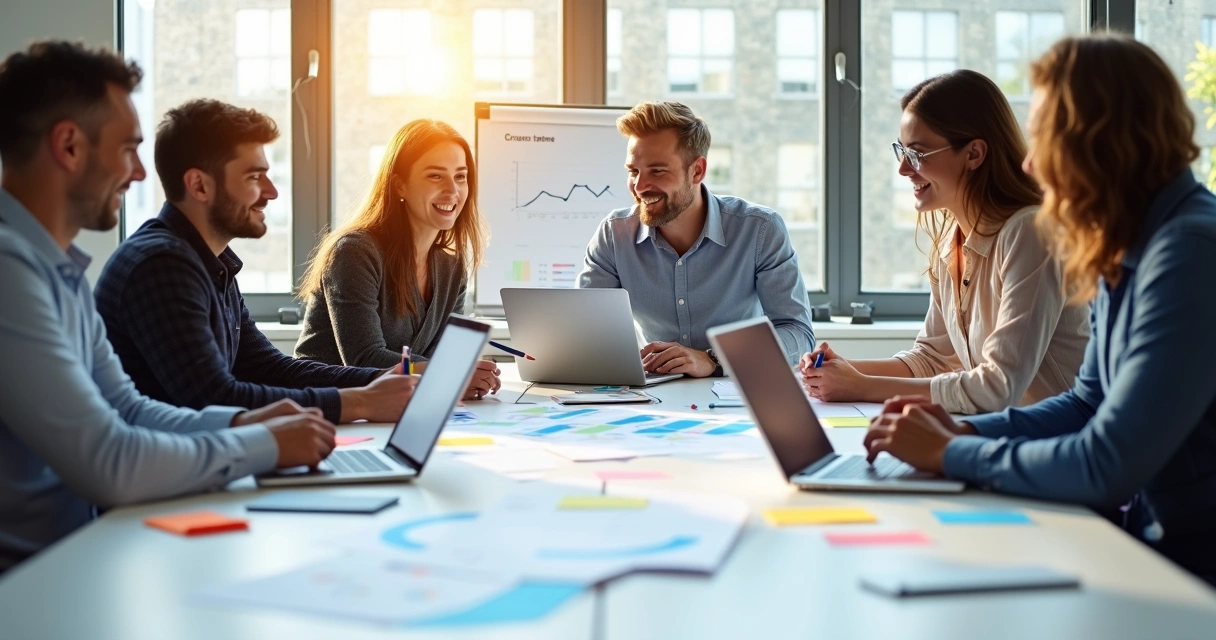 Equipe de marketing discutindo ideias em reunião 