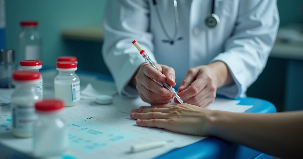 Mãos de profissional coletando sangue para teste rápido de HIV em mesa com luz suave