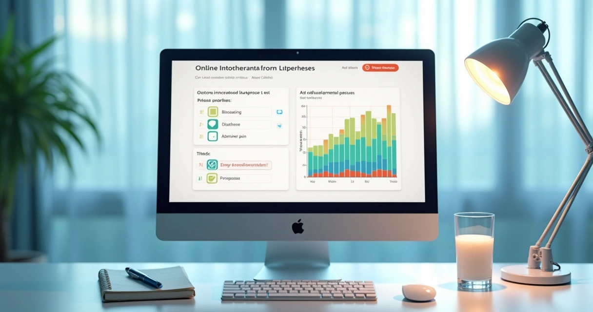 Tela de computador exibindo teste online de intolerância à lactose com gráfico e formulário de sintomas 