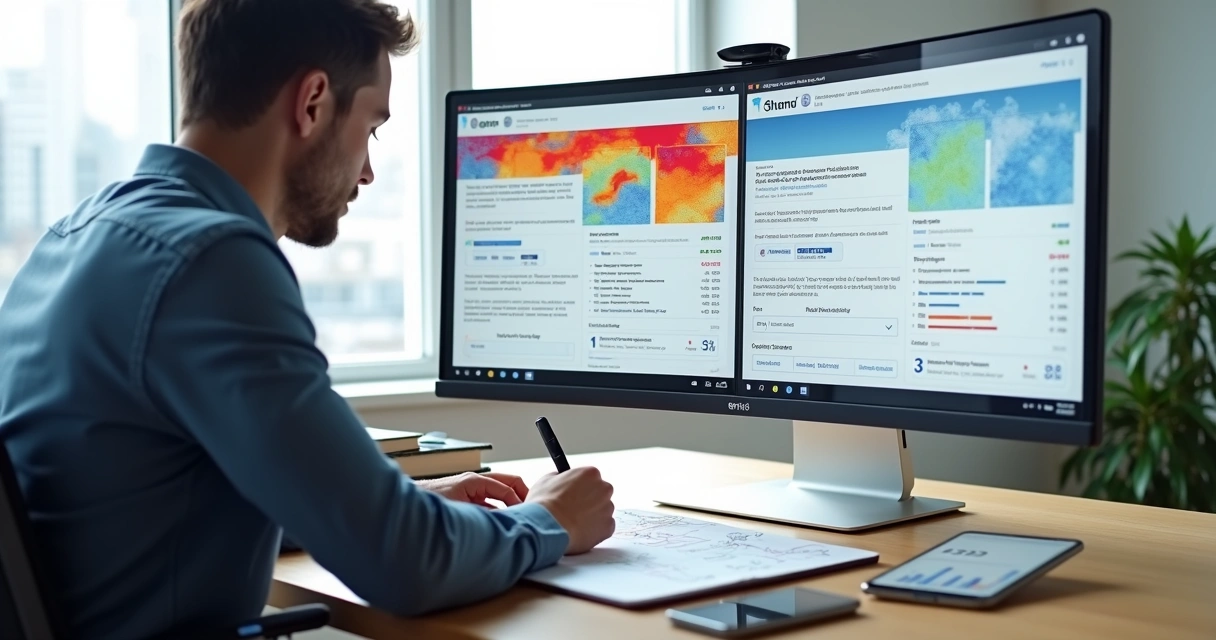 Gestor analisando teste A/B de landing pages em monitor com heatmap colorido 