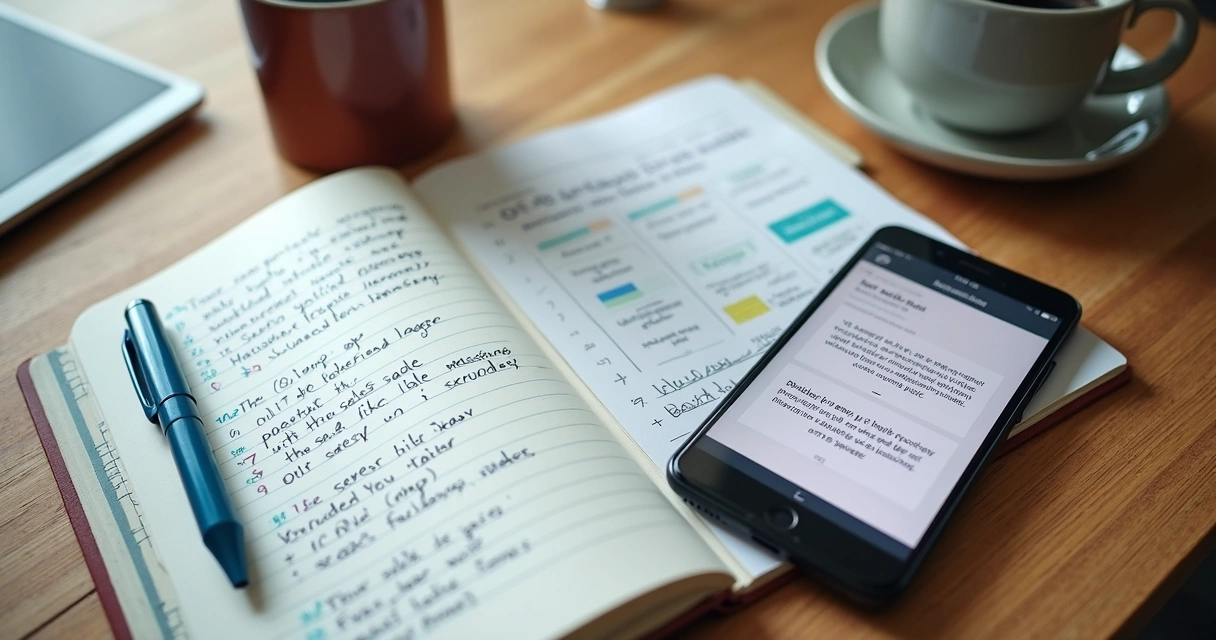 Anotações de teste de mensagens de vendas em caderno e celular