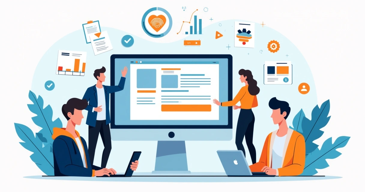Equipe revisando landing page no desktop e no celular 