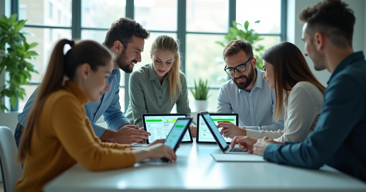 Equipe observa sistema digital, testando módulos separados em ambiente de trabalho moderno 