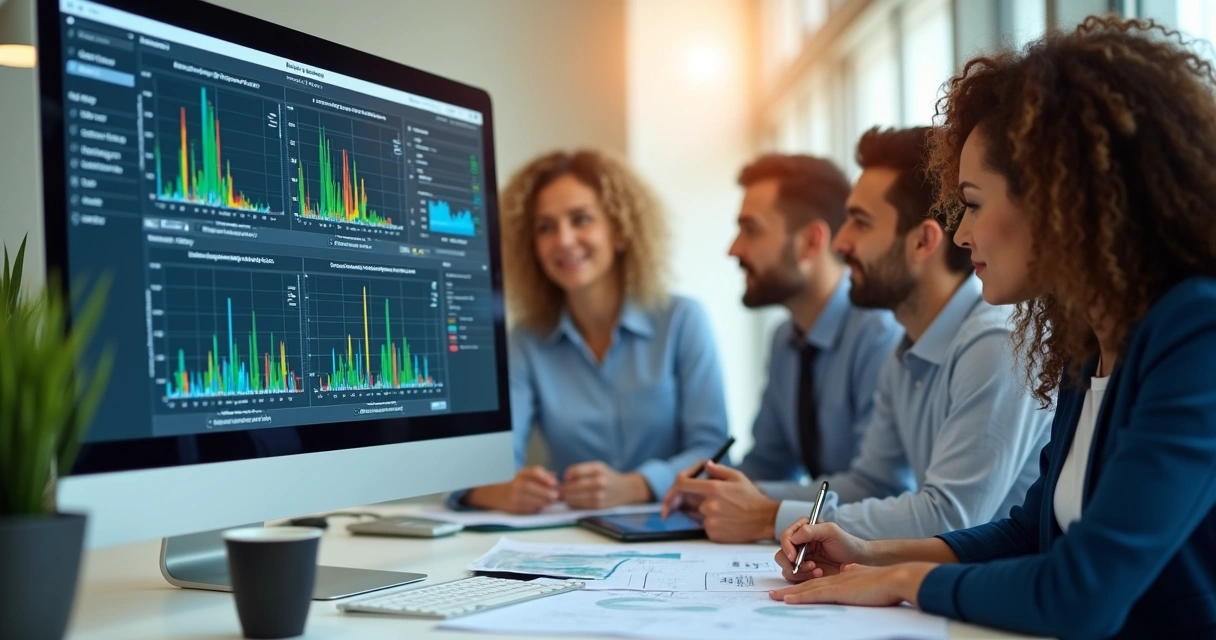 Pantalla de software con gráficos de monitoreo y equipo analizando datos