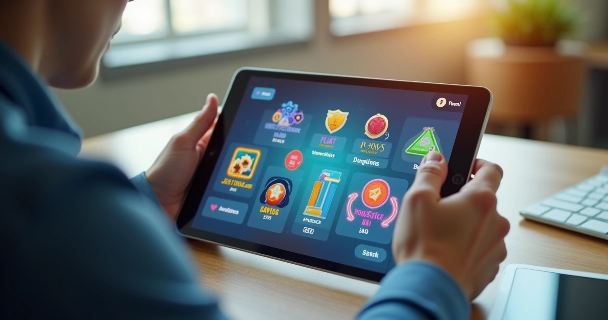 Usuário interagindo com protótipo digital gamificado em tablet 