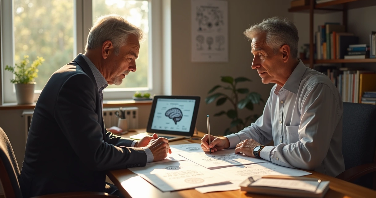 Ilustração de pessoa fazendo teste neuropsicológico sobre moralidade em ambiente clínico. 