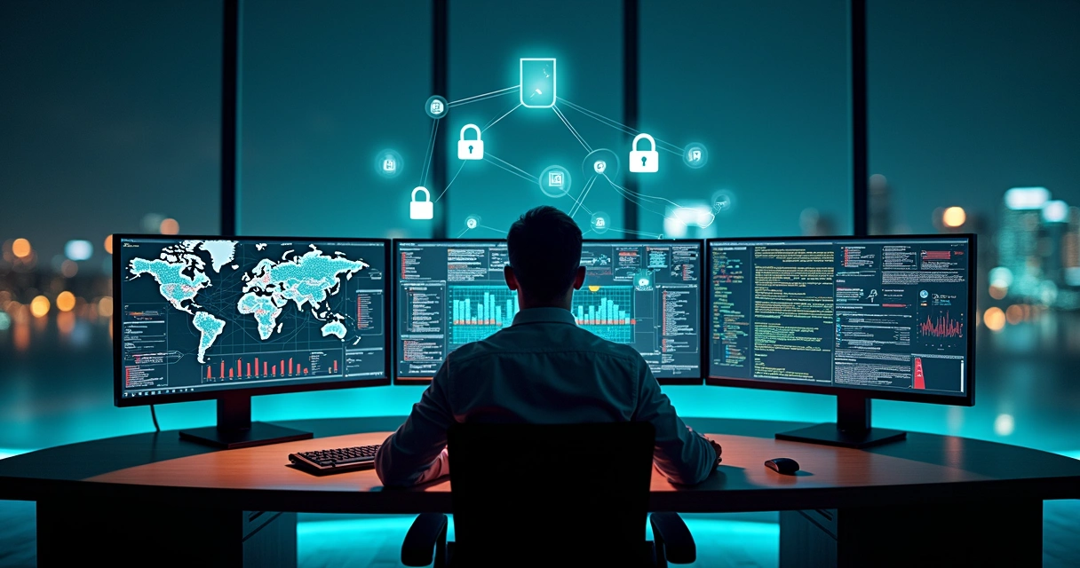 Profissional de segurança conduzindo teste de penetração em ambiente corporativo com painel de ataques simulado 