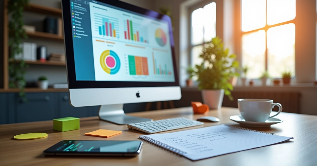 Computador exibindo gráficos de desempenho e tabelas coloridas. 