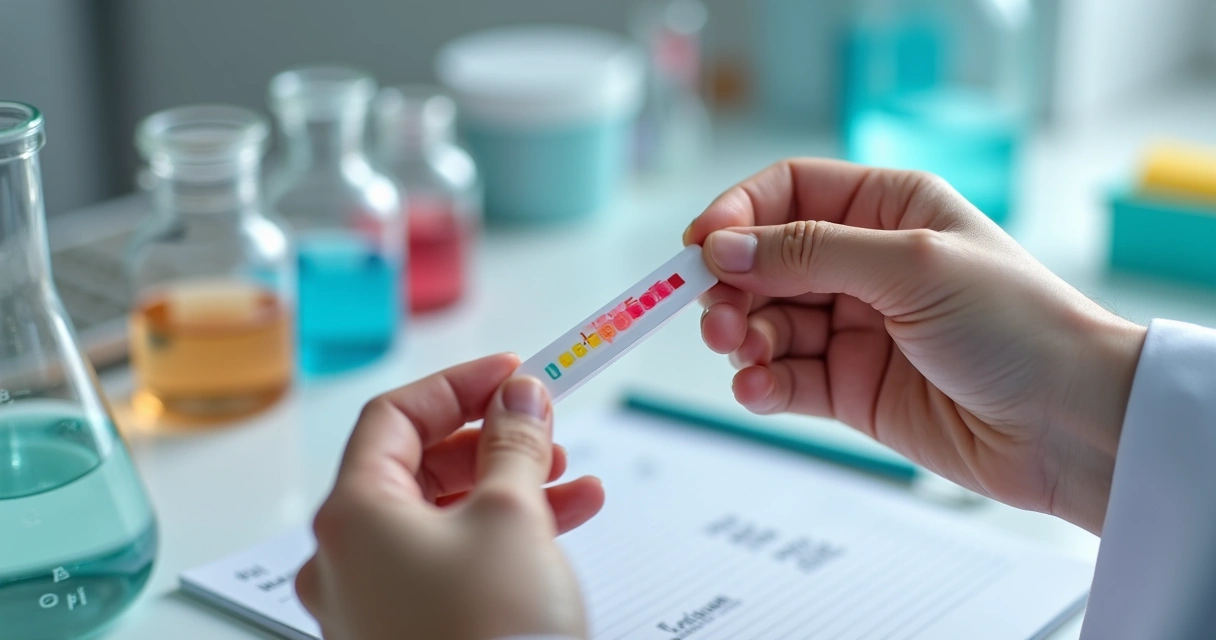 Pessoa medindo pH de cosmético com fita indicadora em bancada de laboratório