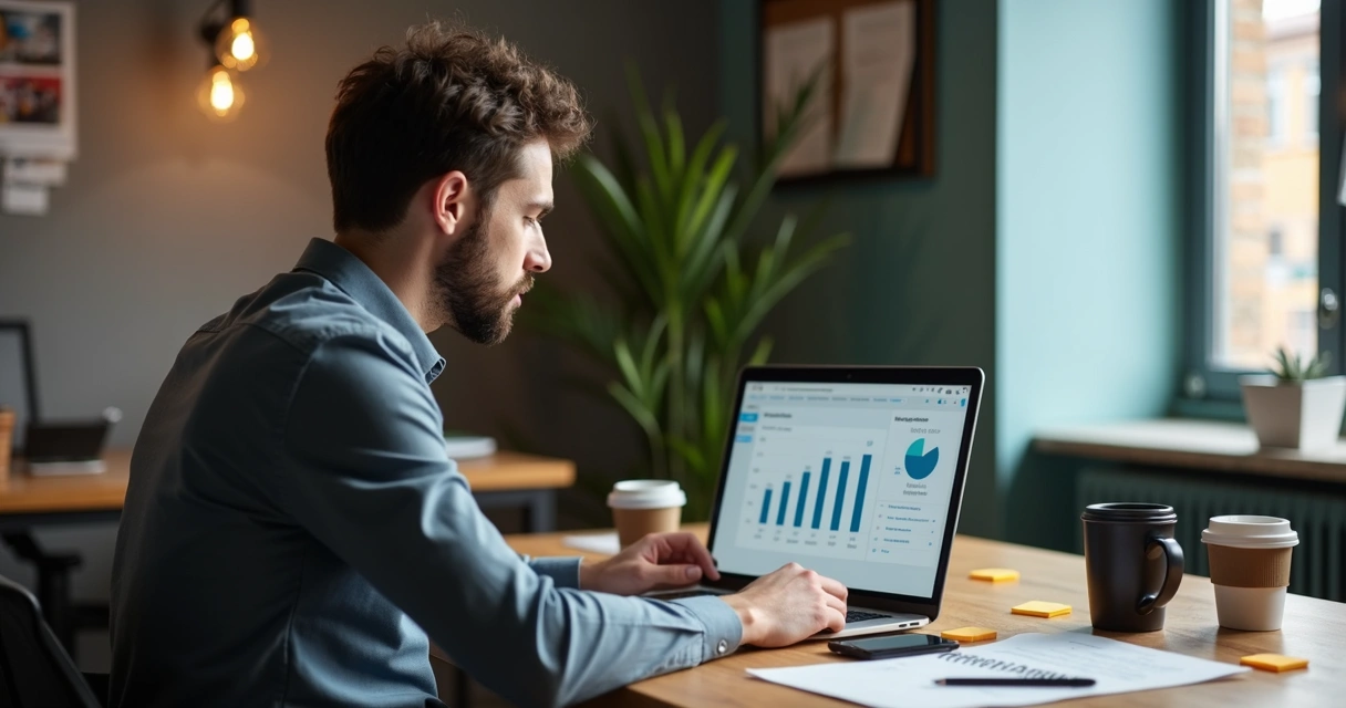 Empresário analisando experimentos de IA em notebook 