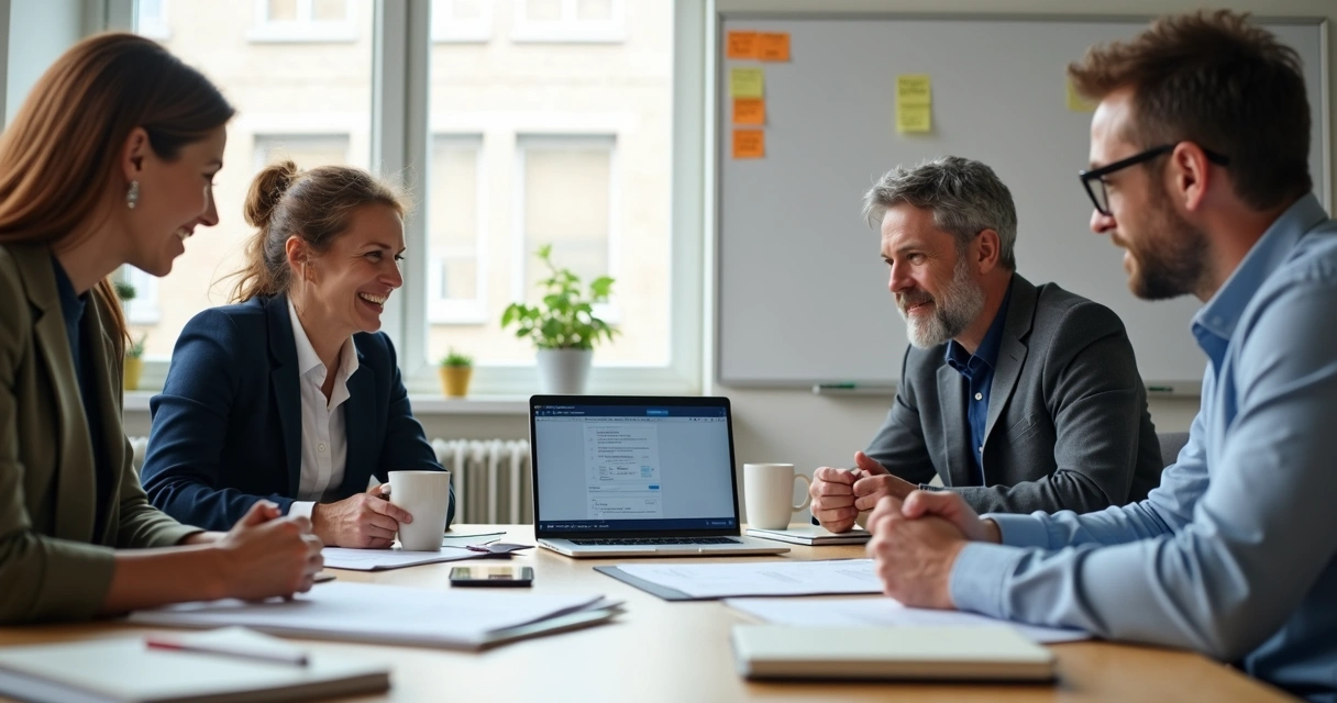 Revisão de questionário por equipe em sala de reunião 