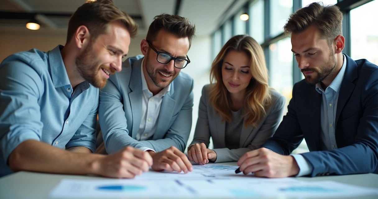 Equipe analisando resultados de um piloto de serviço em uma pequena empresa 