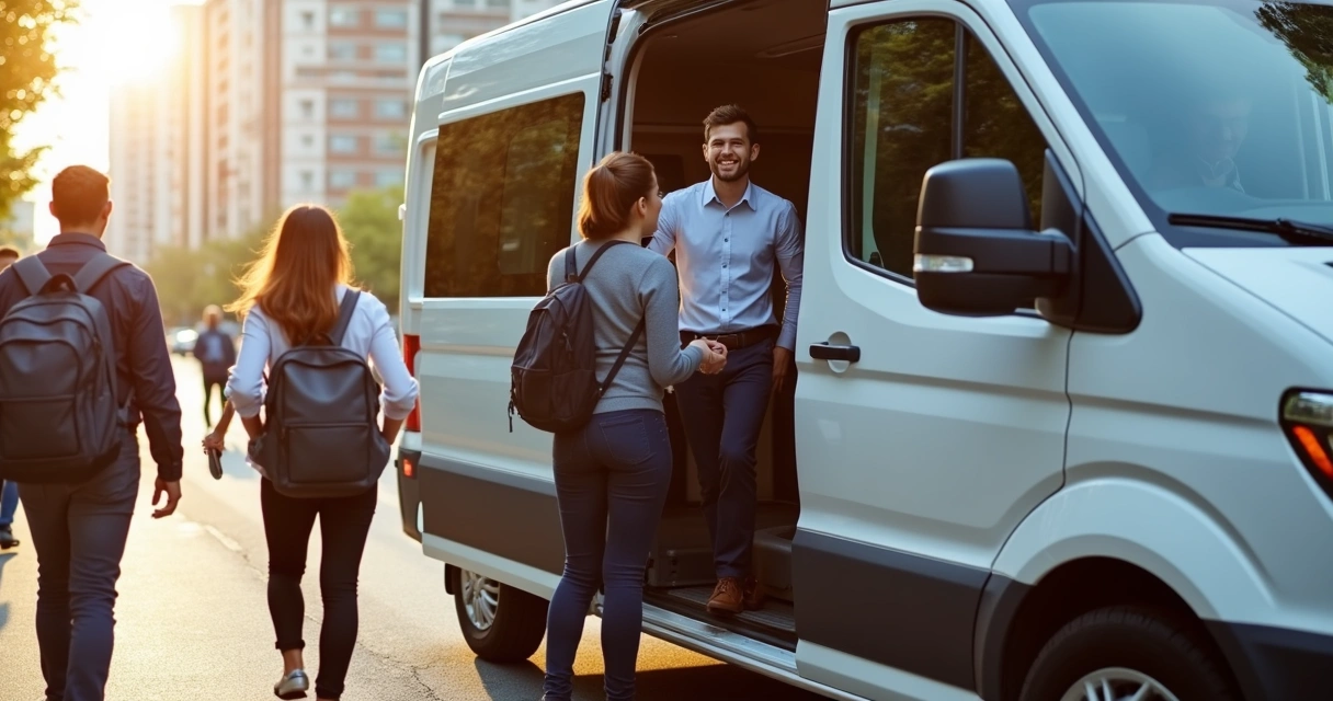 Colaboradores entrando em van durante teste piloto de transporte corporativo 