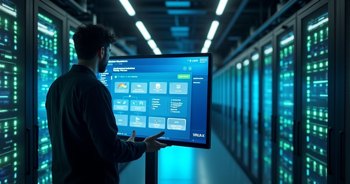 Profissional de TI em data center observando tela de restauração, servidores ao fundo 