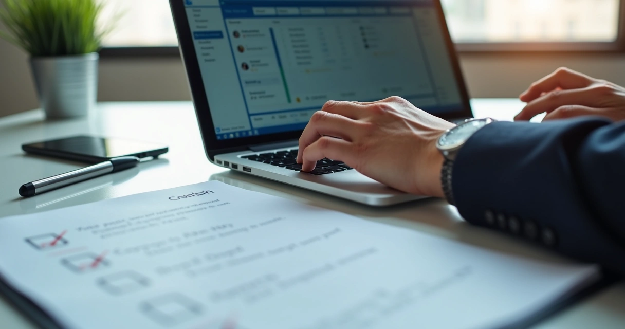 Profissional testando CRM em notebook com checklist ao lado