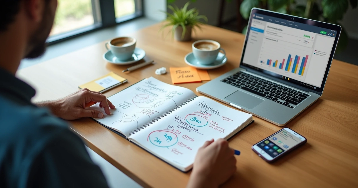 Caderno com rascunhos de preços de produto ao lado de notebook e copos de cafe em mesa de coworking 
