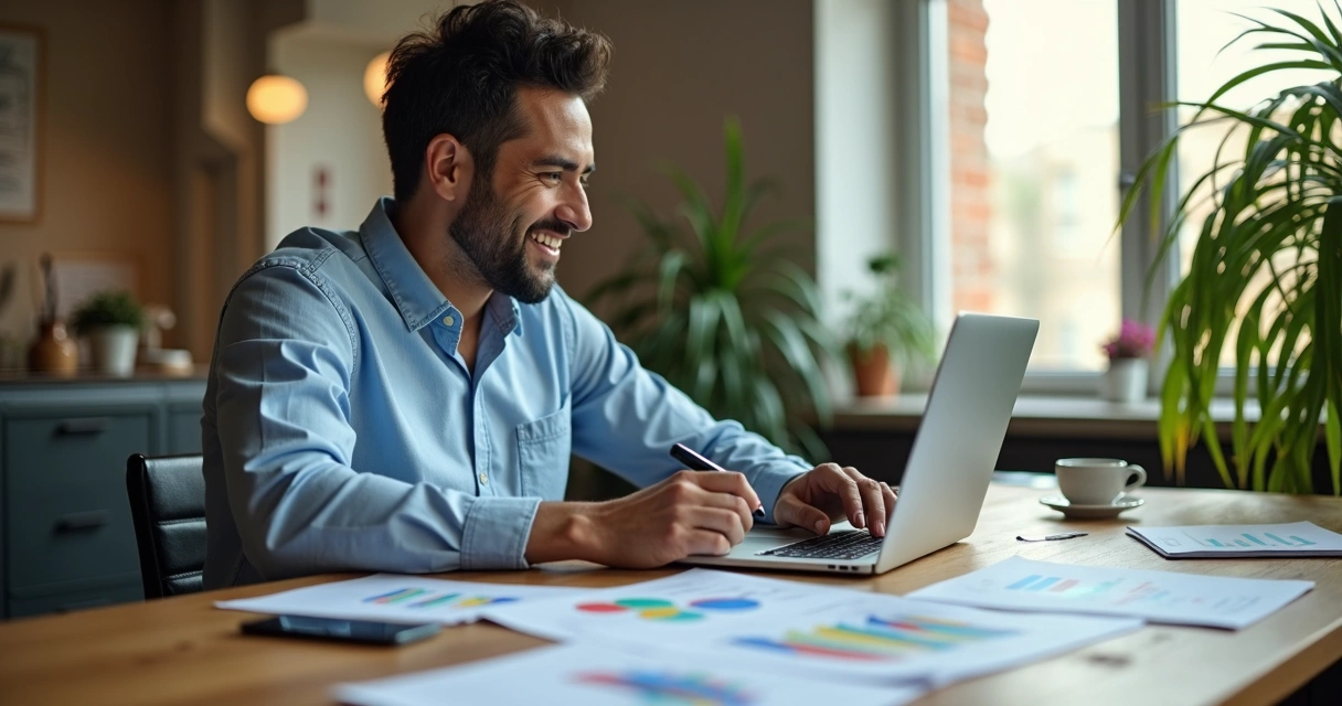 Pessoa analisando dados de vendas em notebook, gráficos coloridos na tela, ambiente claro