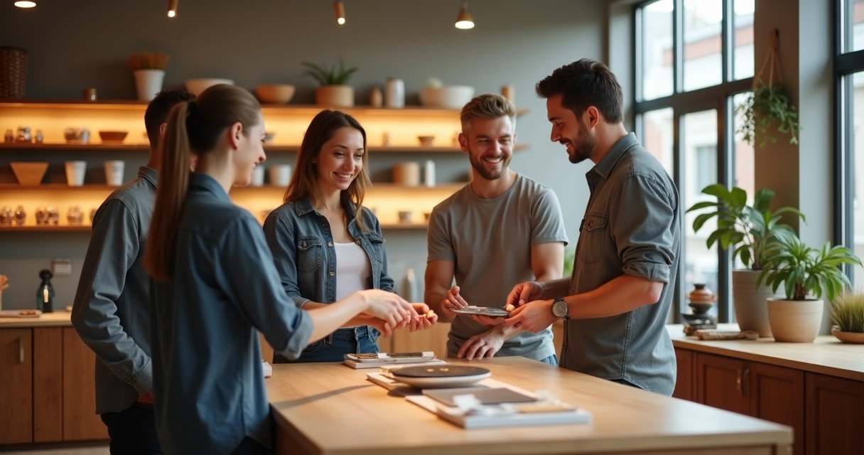 Empresário observando cliente experimentando produto físico em loja 