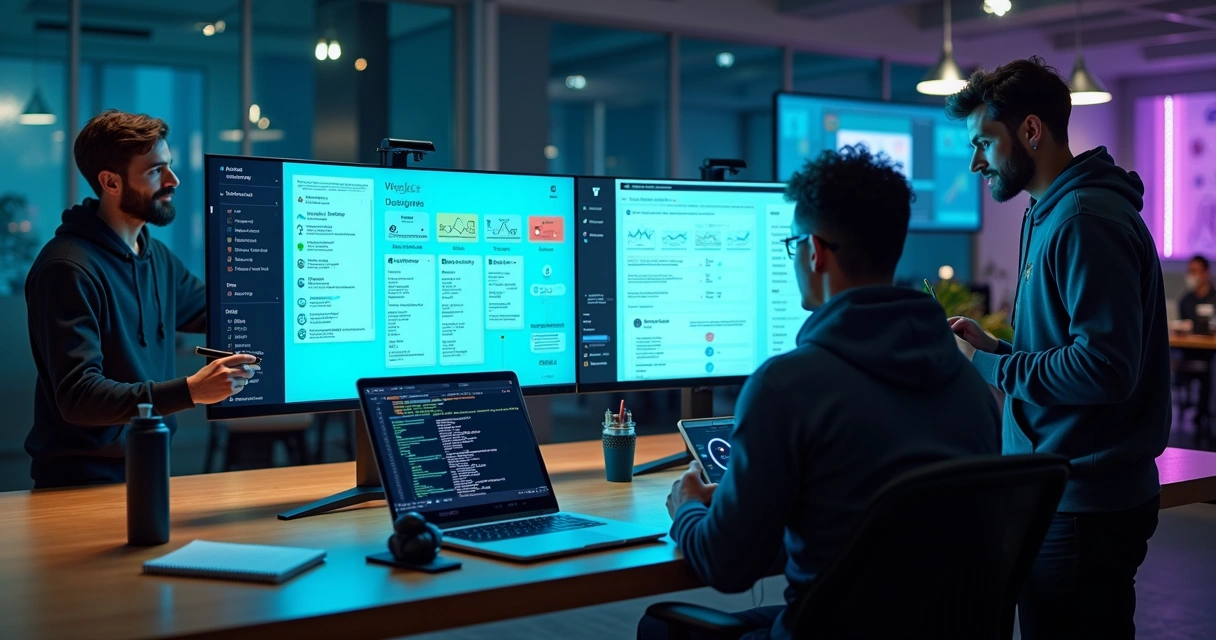 Equipe analisando checklist de testes em painel de projeto digital 
