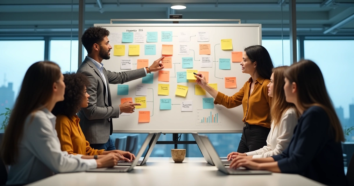 Reunião de equipe analisando quadro de hipóteses de proposta de valor 