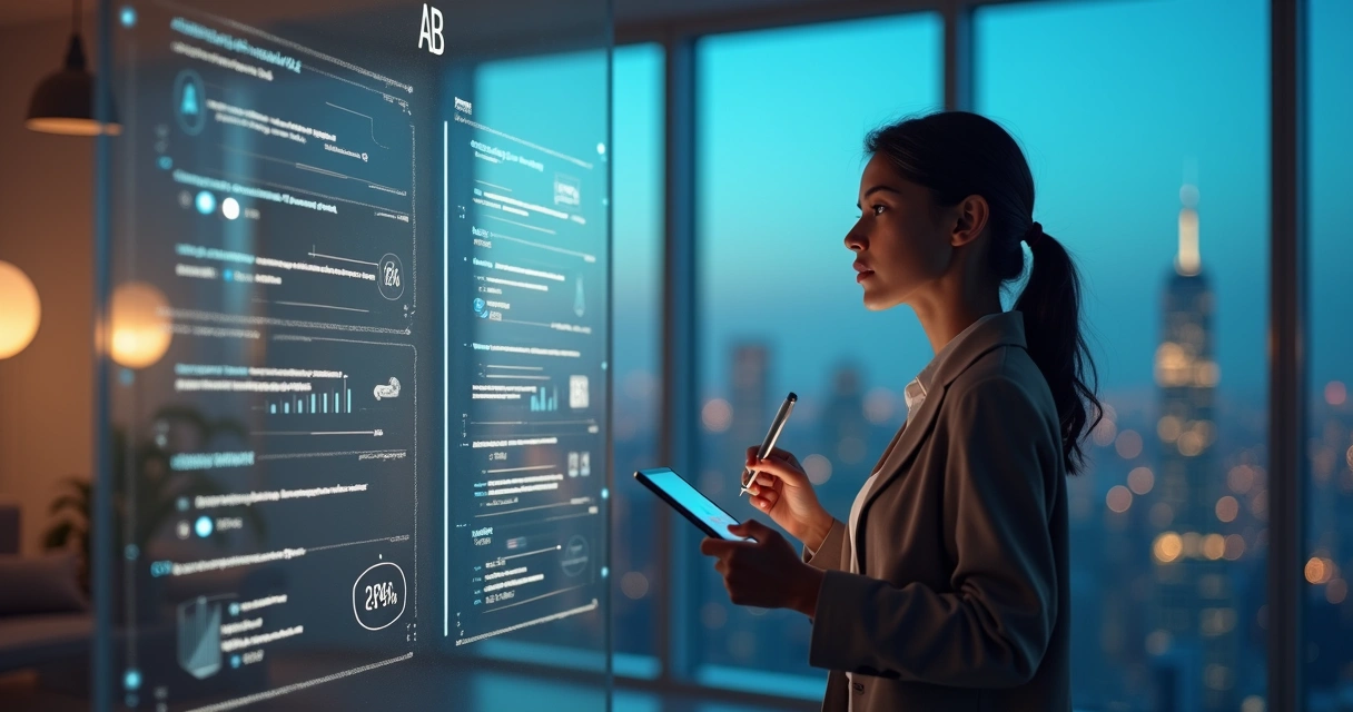 Executiva avalia quadros A e B de propostas em painel colorido 
