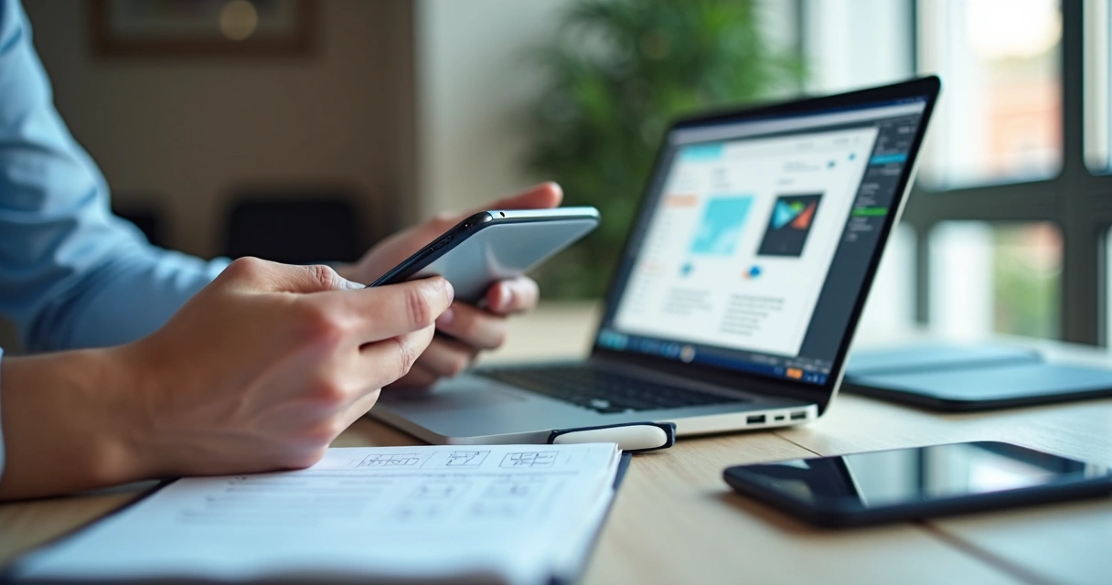 Pessoa testando aplicativo em celular e notebook antes da publicação